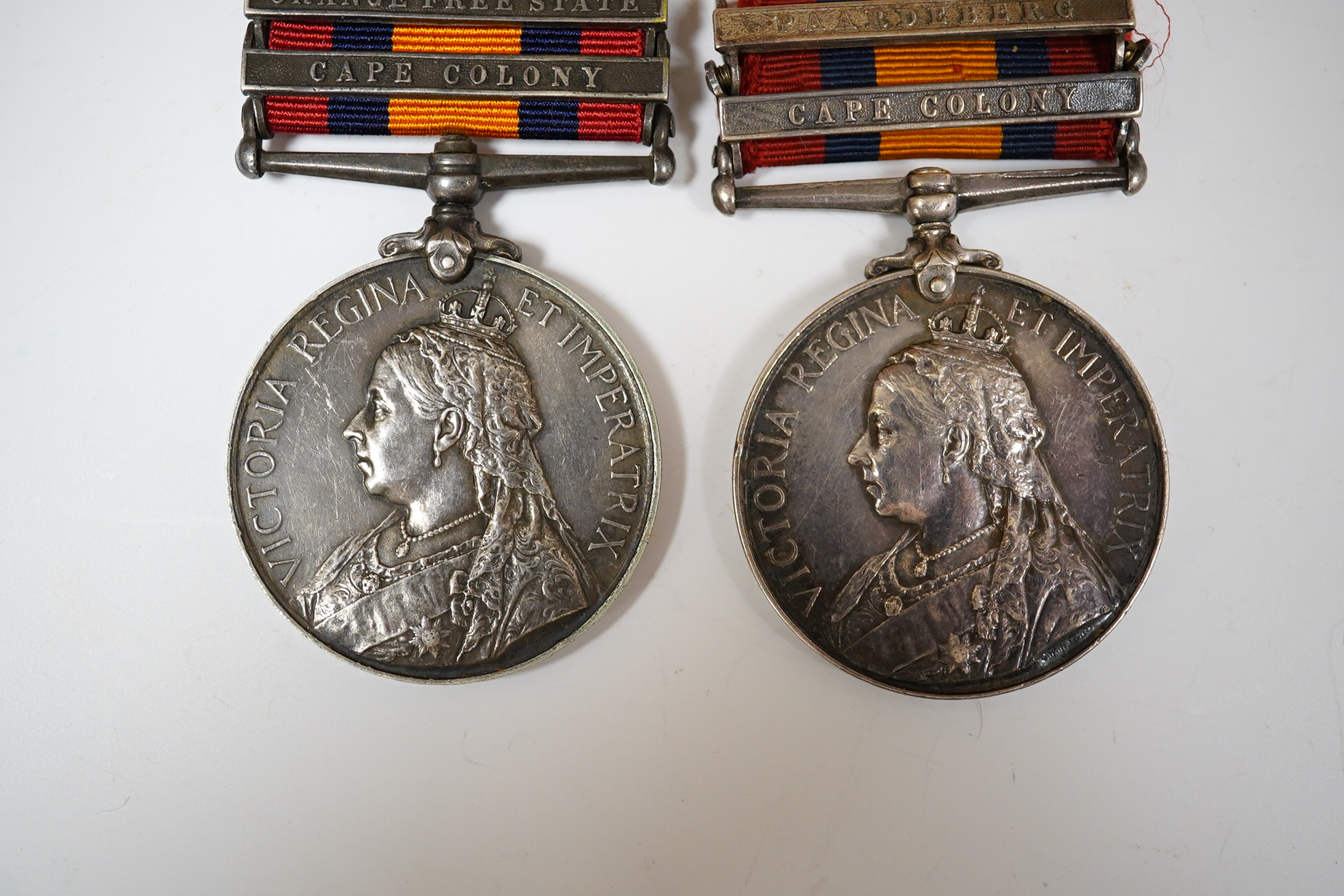 Queens South Africa Medal with 4 clasps; Dreifontein, Modder River, OFS and CC to 3033 2nd CL: Tpr:W.G.Annis. S.A.C. and another with SA1902, Paardseberg and CC clasps to 11569 Pte W.Cuff, R.A.M.C. (2)